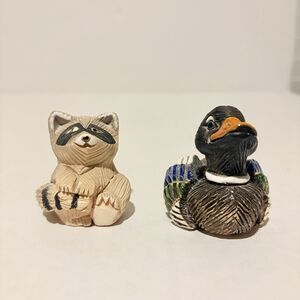 Two Artesania Rinconada Figurines Mallard Duck And Raccoon Uruguay Signed Damage
